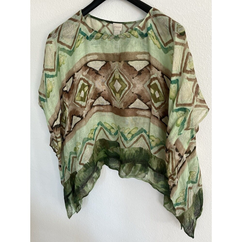 Chicos Geometric Print Poncho Womens L/XL Green Brown Kaftan Top Flowy Lagenlook